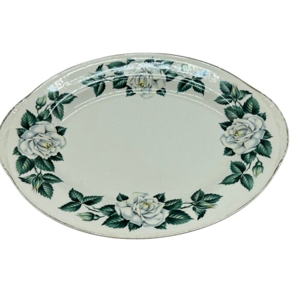 Vtg eggshell nautilus Oval Ceramic Serving Platter White Rose Pattern Green READ - Picture 1 of 14